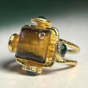 18k Gold Plated Etruscan Artisan Tigers Eye Emerald Ring